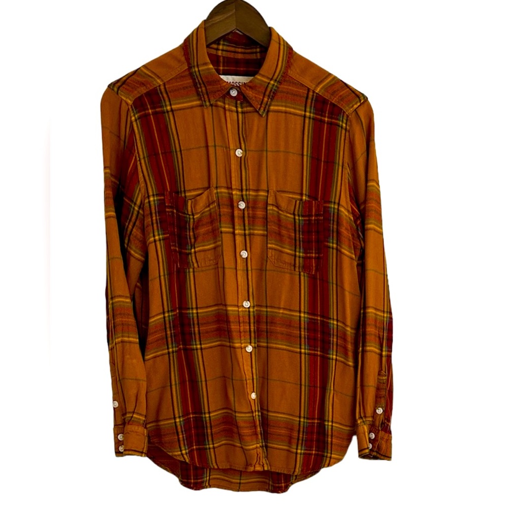 Massimo supply Co. boyfriend fit yellow orange plaid rayon top women S.